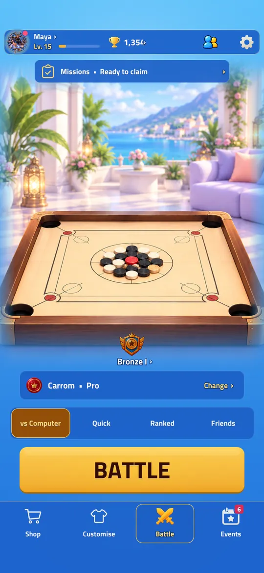 Home screen with the carrom board