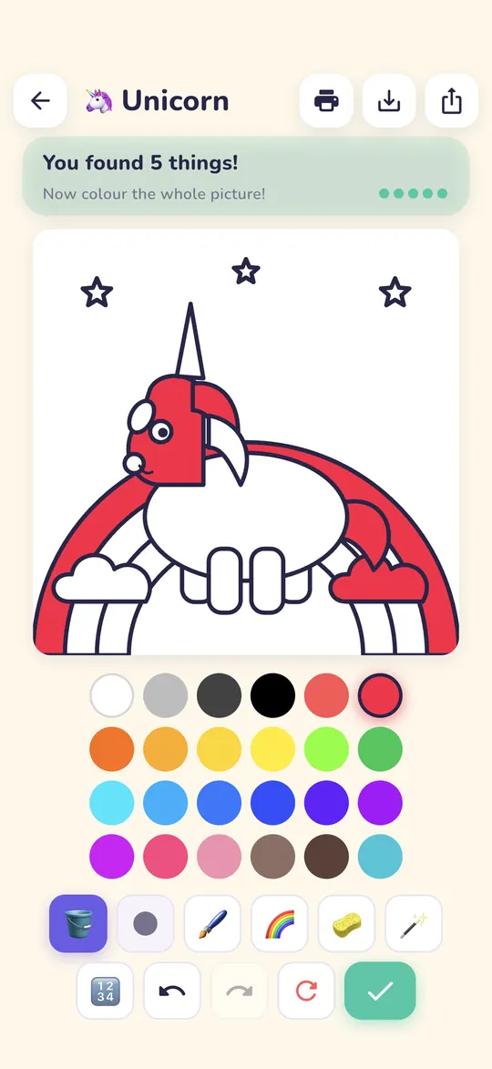 The unicorn coloured in